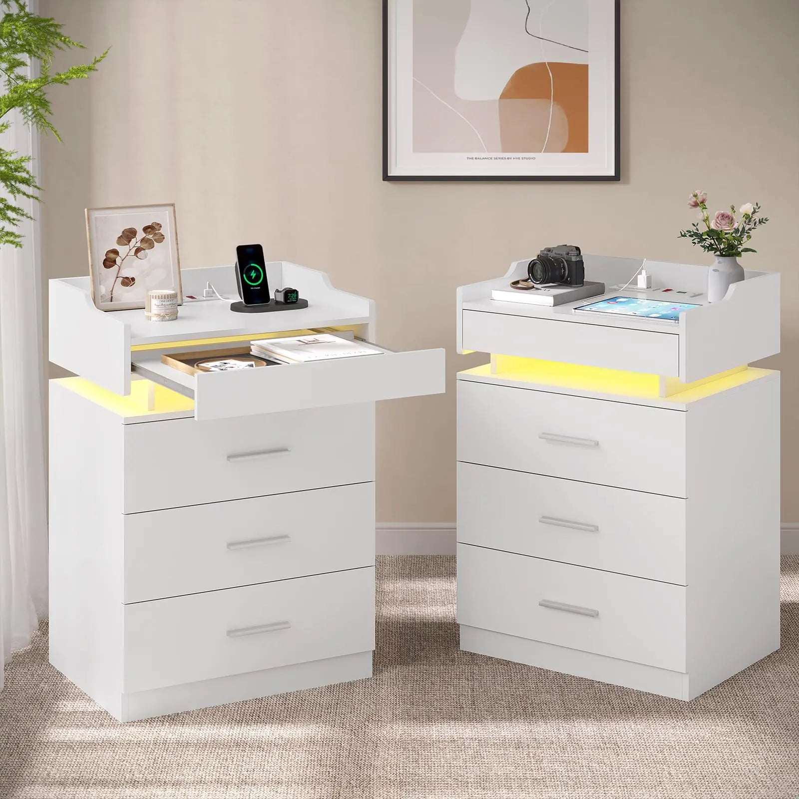 HAUOMS White Nightstand Set of 2LED Night Stand with Charging Station