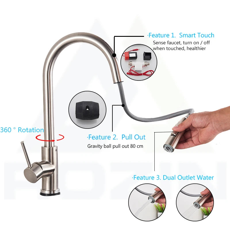 Rozin Smart Touch Kitchen Faucet Black Pull Out Sensor Faucets