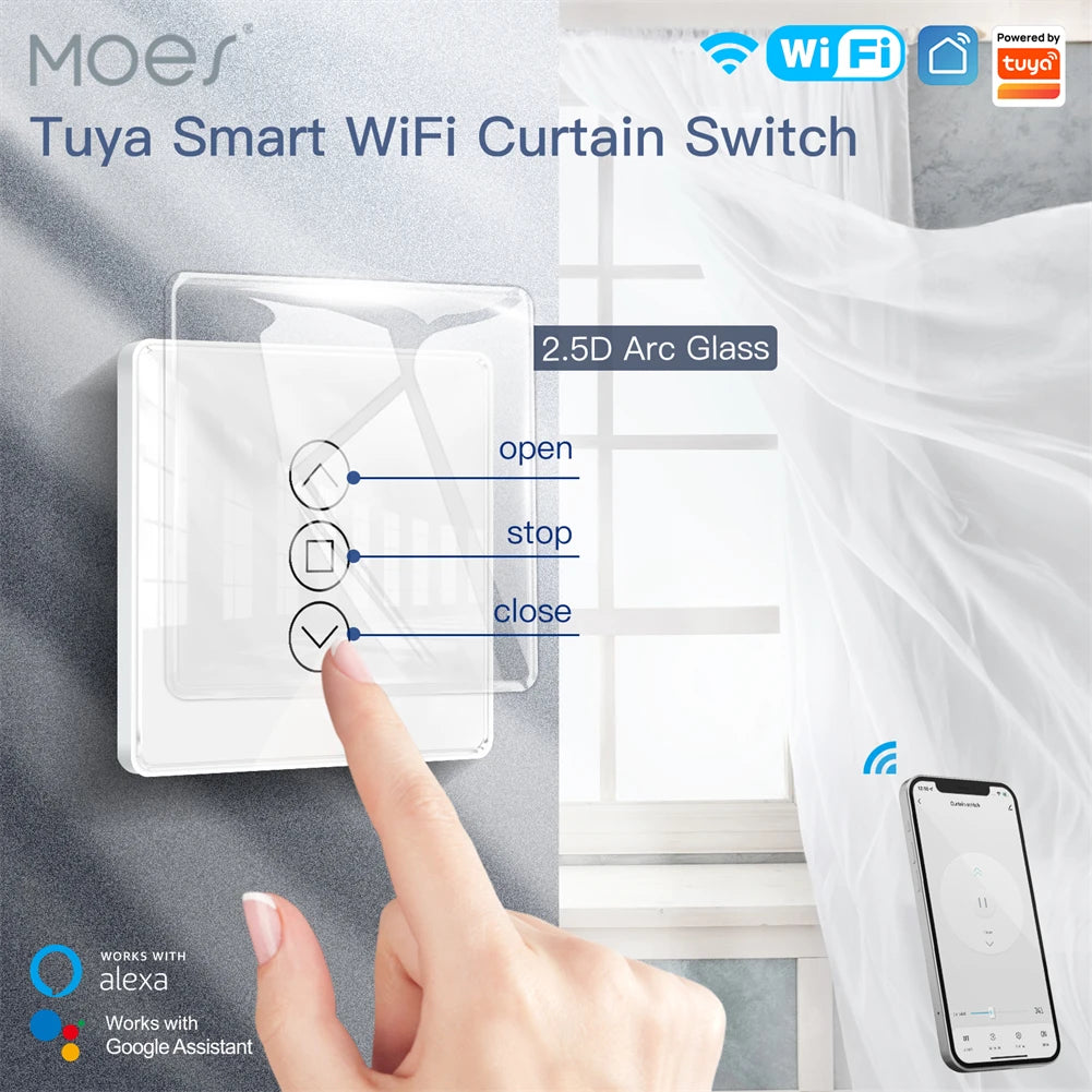 MOES WiFi RF433 Smart 2.5D Arc Glass Touch Curtain Switch for Roller