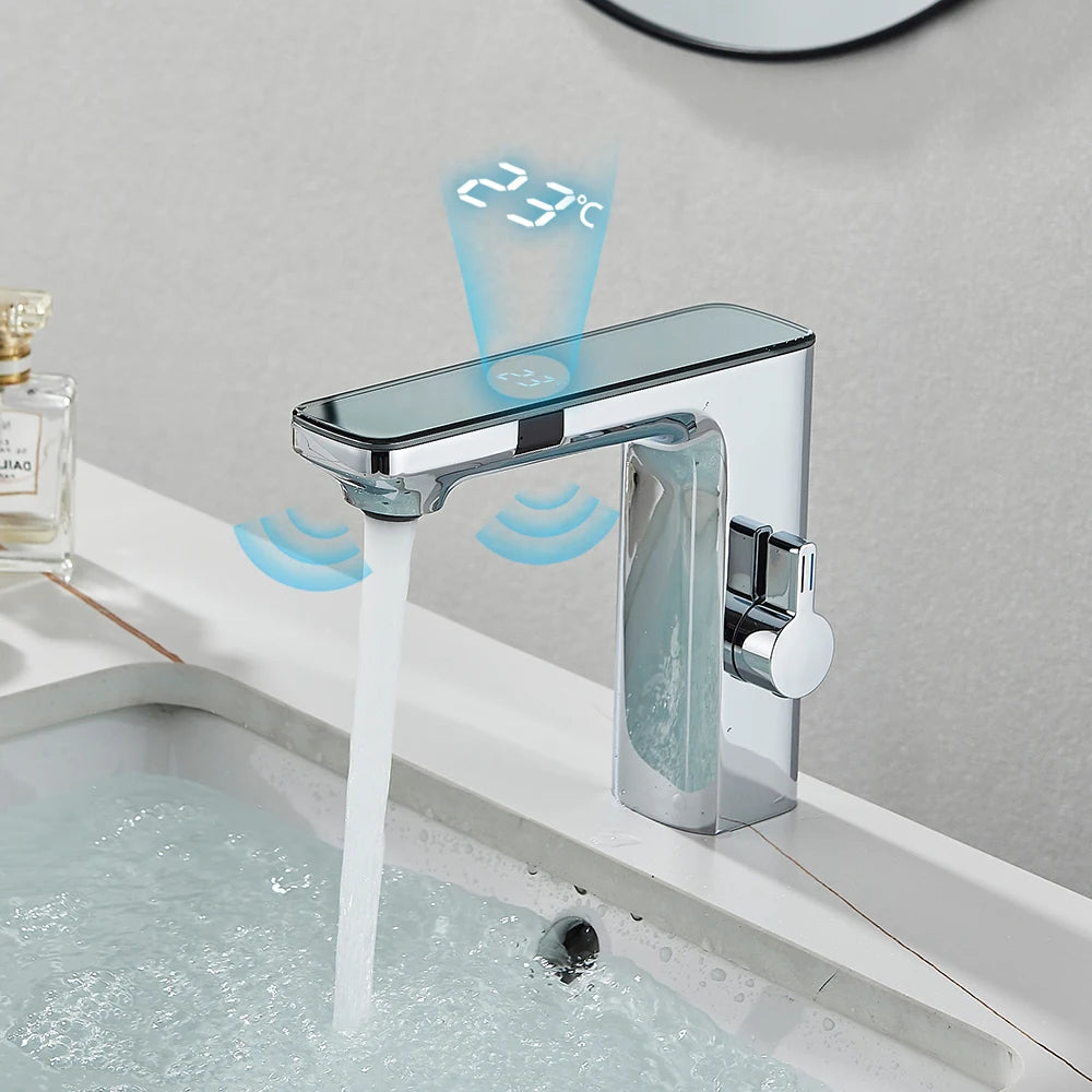 White Smart Sensor Basin Faucet Screen Digital Display Hot Cold Water