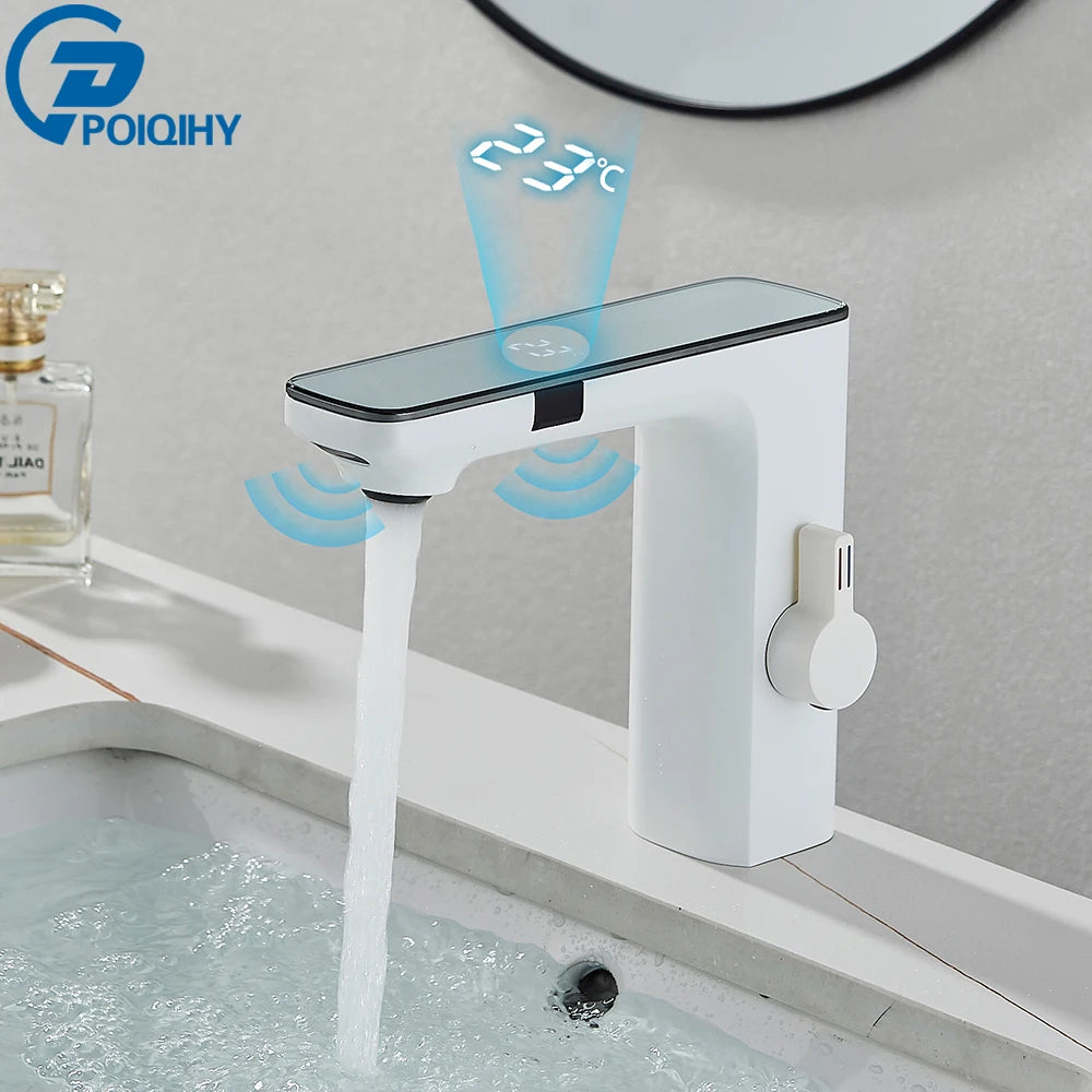 White Smart Sensor Basin Faucet Screen Digital Display Hot Cold Water