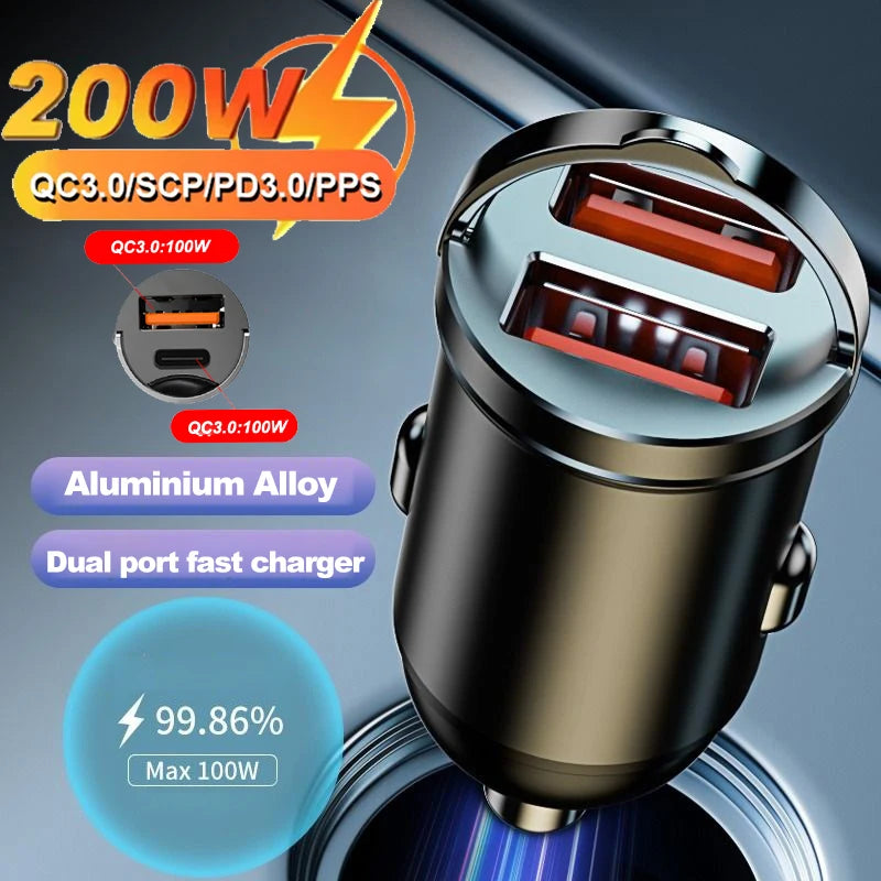Car 200W Dual Port Mini USB Charger Ultra Fast Charging Cigarette