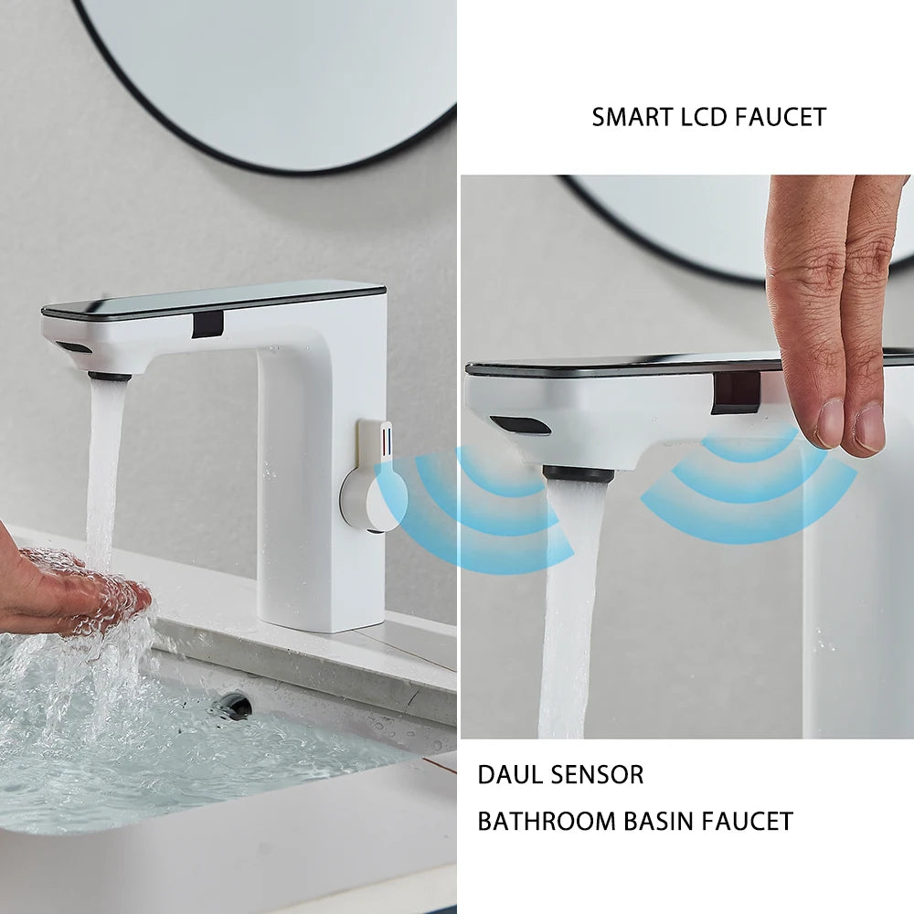 White Smart Sensor Basin Faucet Screen Digital Display Hot Cold Water