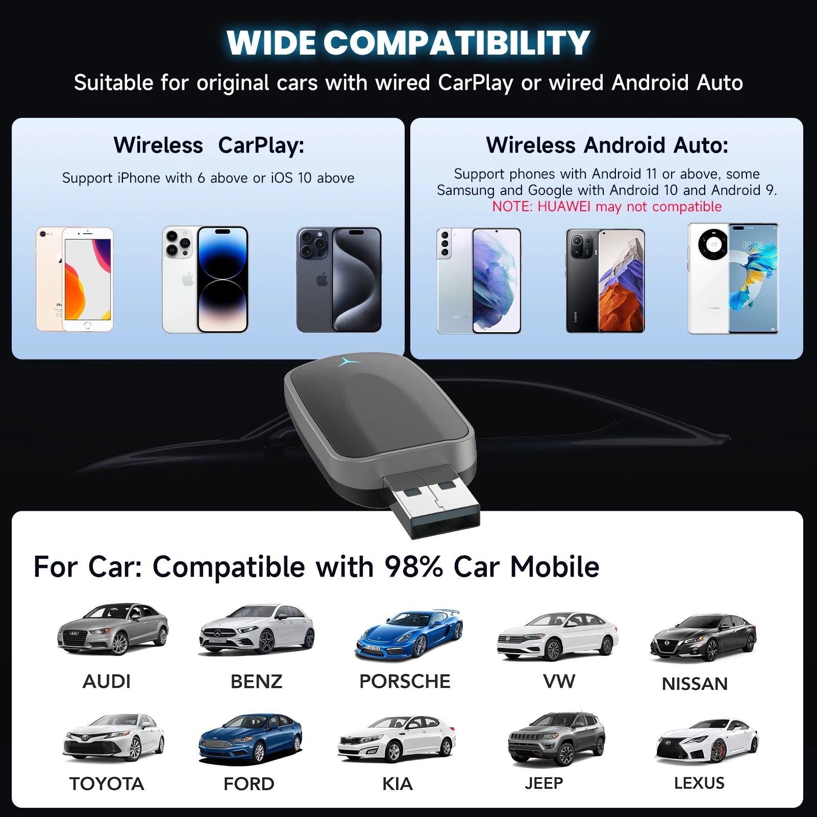 2-in-1 Wired to Wireless CarPlay Adapter & Android Auto Wireless