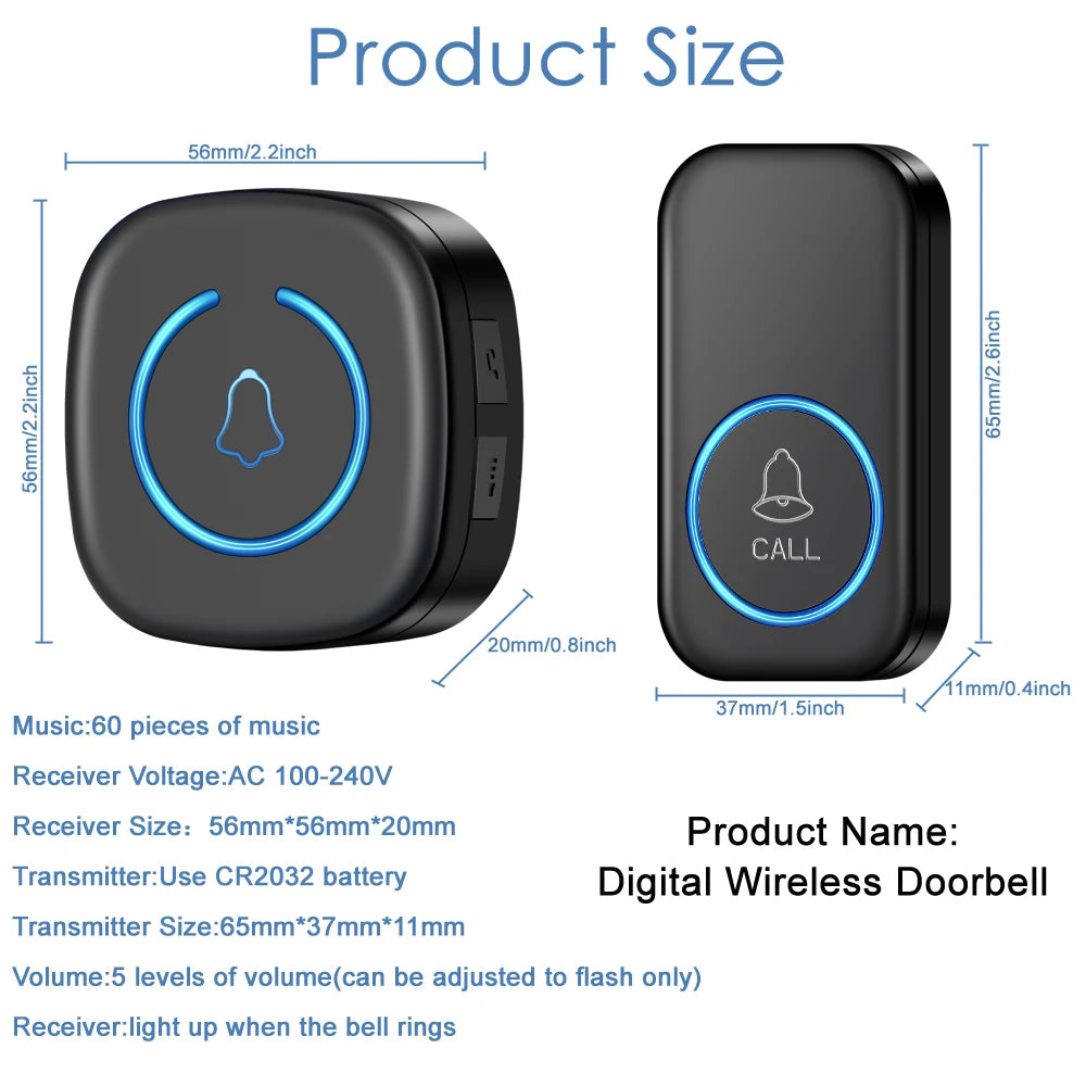 Wireless Doorbell Intelligent Welcome Door Bell 300M/984 FT Remote 60