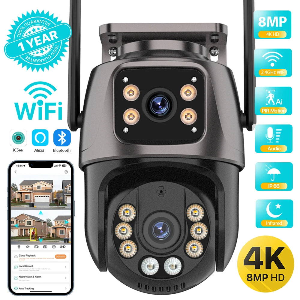 4K 8MP HD Wifi PTZ Camera Outdoor 4MP Dual Lens Dual Screen AI Auto