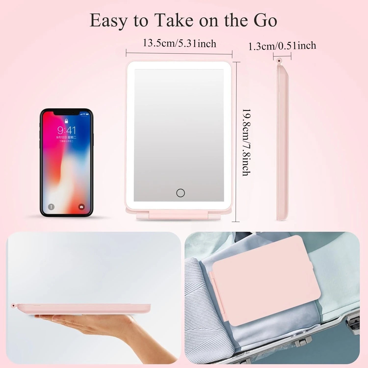 LED Folding Travel Makeup Mirror 3 Colors Light Modes USB Rechargeable