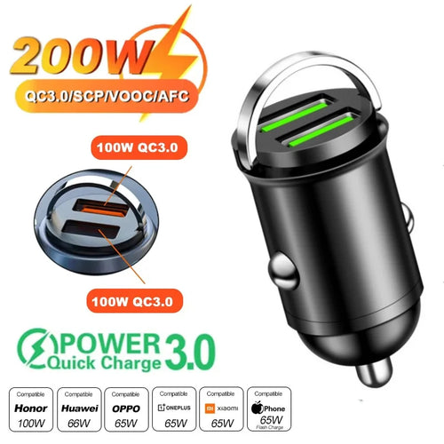 100W/200W QC3.0 PD Mini Car Charger 12-24V Lighter Fast Charging Car