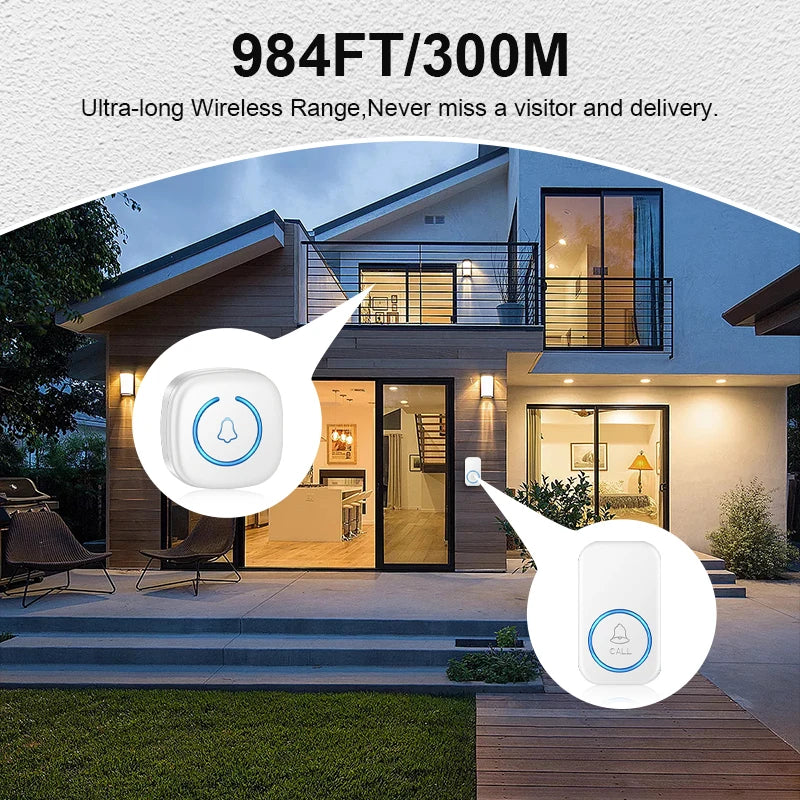 Wireless Doorbell Intelligent Welcome Door Bell 300M/984 FT Remote 60