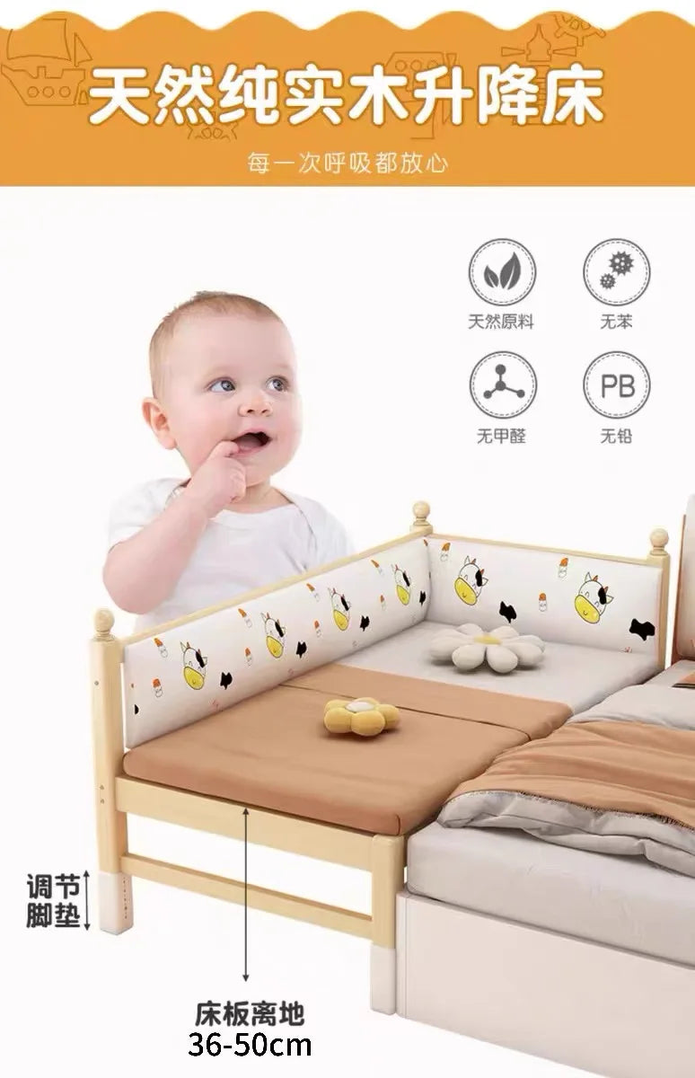 Adjustable Height Children's Splicing Bed Wider Solid Wood Frame with