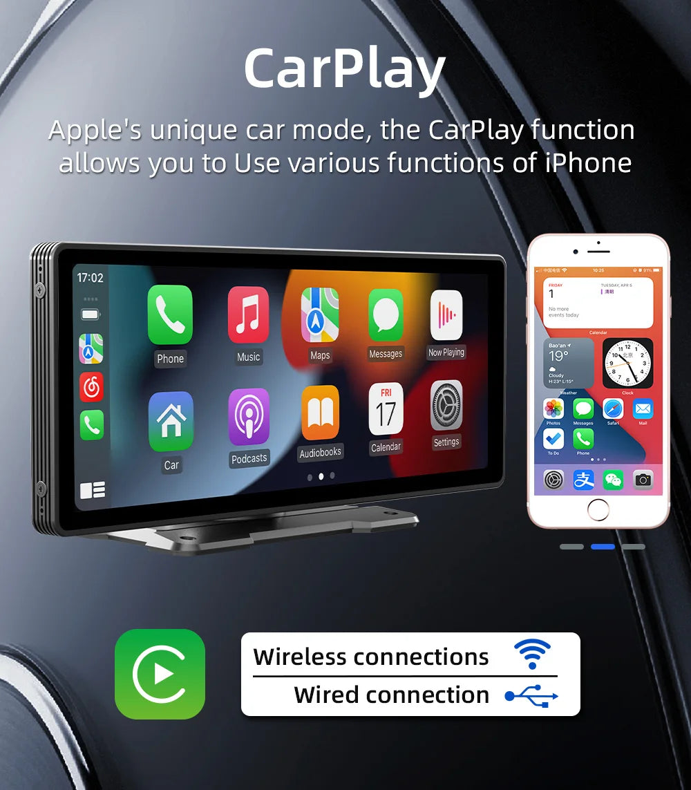 BQCC 10.26 Inch Portable Wireless Carplay Screen HD Rear Reversing