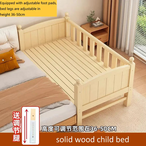 Adjustable Height Children's Splicing Bed Wider Solid Wood Frame with