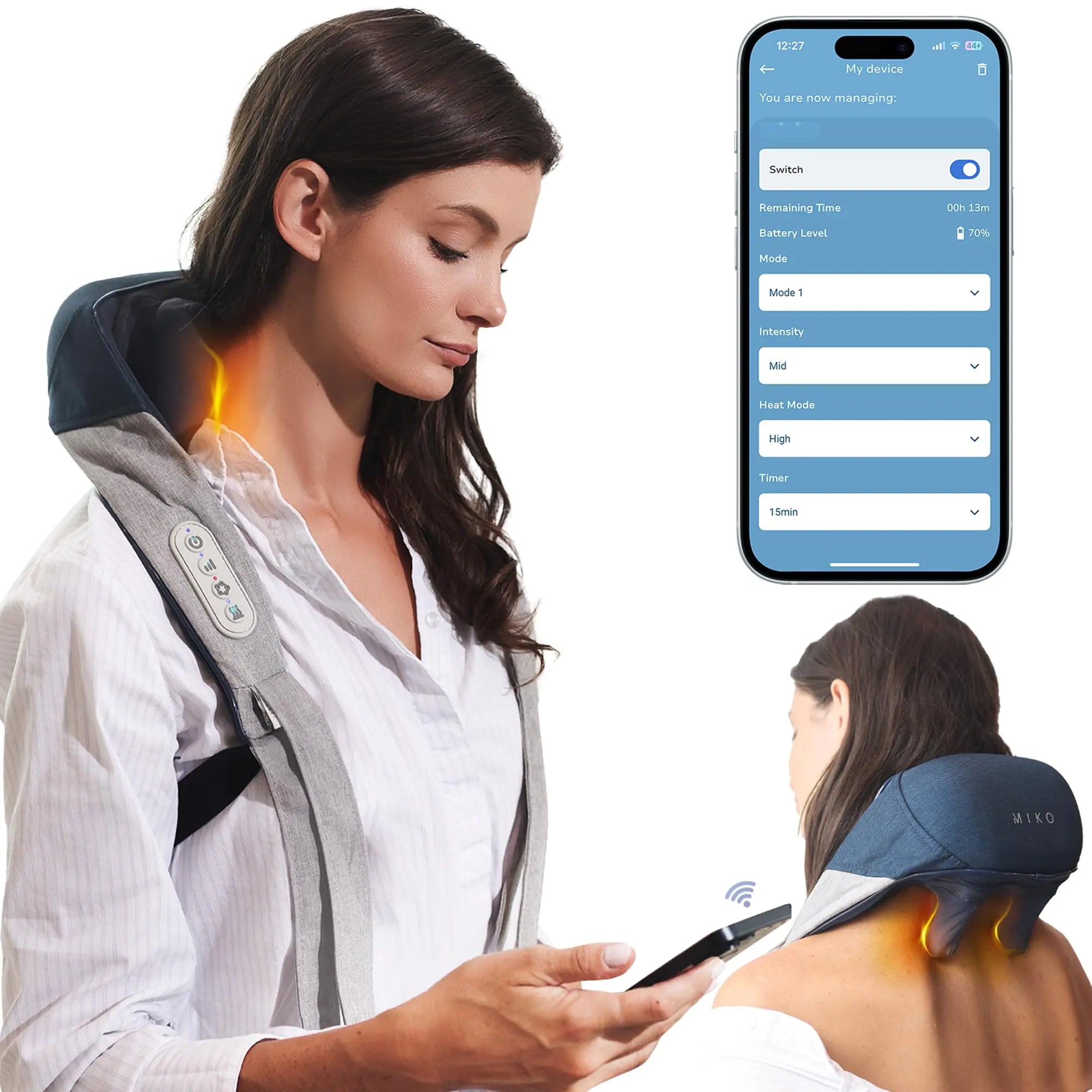 MIKO Shiatsu Neck and Back Massager with Heat for Deep Tissue Pain Relief Premium App Controlled Cordless Massage - FSA/HSA Eligible