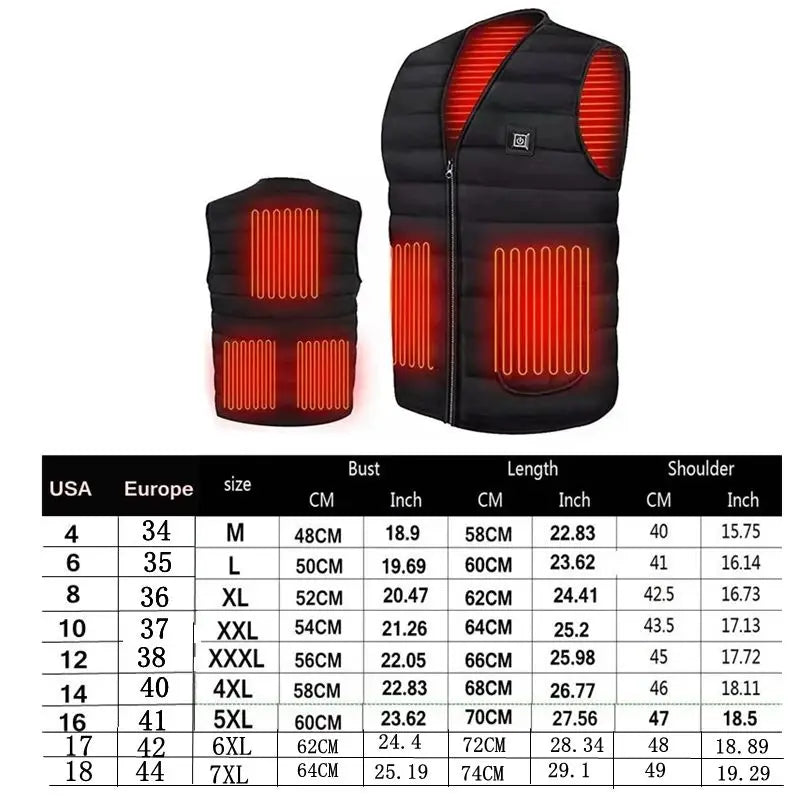 Men Autumn winter Smart heating Cotton Vest 9 area Heated V neck vest