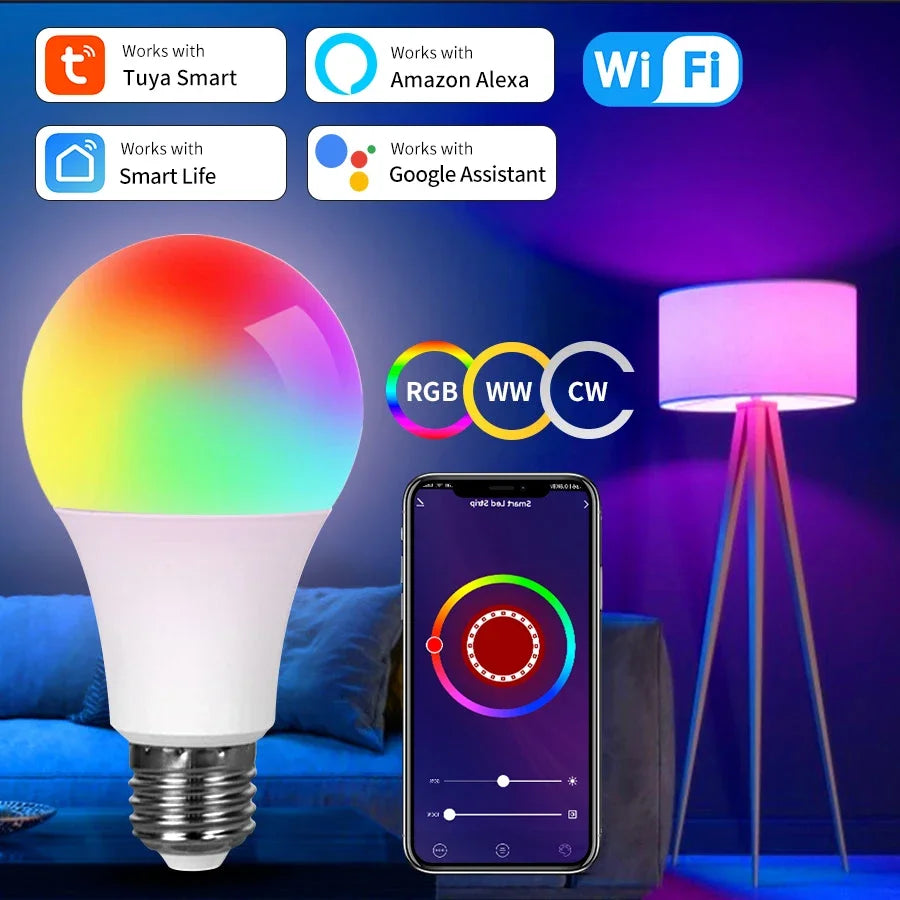 Tuya Smart WiFi LED Light Bulbs 220V 110V 10W 15W 20W E27 Alexa LED