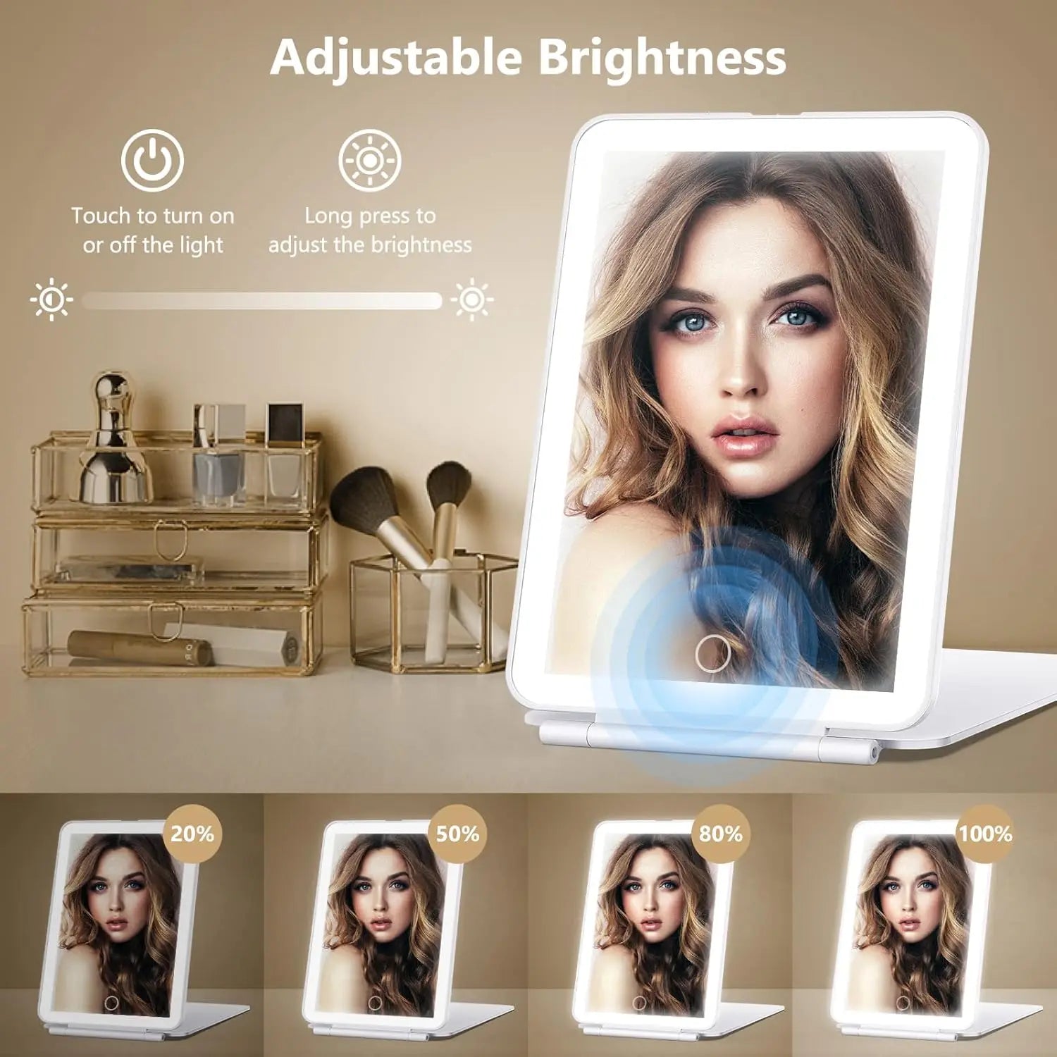 LED Folding Travel Makeup Mirror 3 Colors Light Modes USB Rechargeable