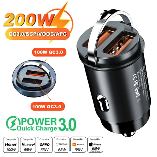 Car 200W Dual Port Mini USB Charger Ultra Fast Charging Cigarette