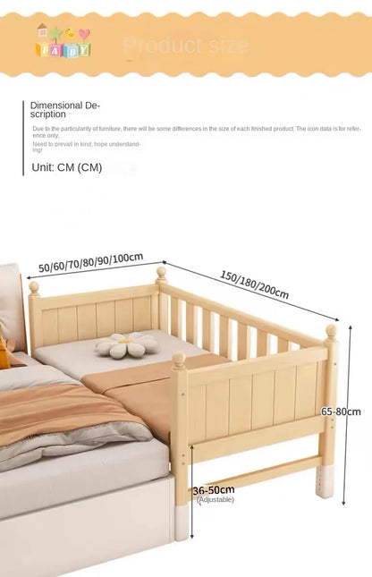 Adjustable Height Children's Splicing Bed Wider Solid Wood Frame with