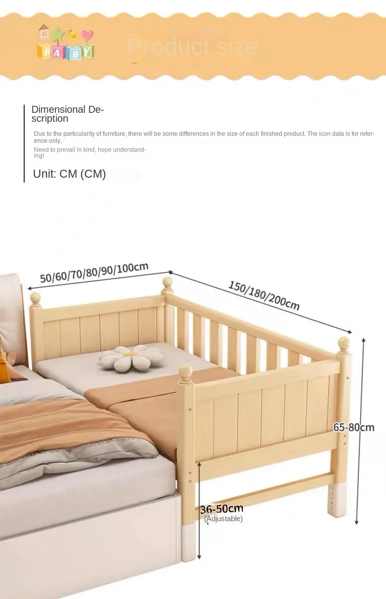 Adjustable Height Children's Splicing Bed Wider Solid Wood Frame with