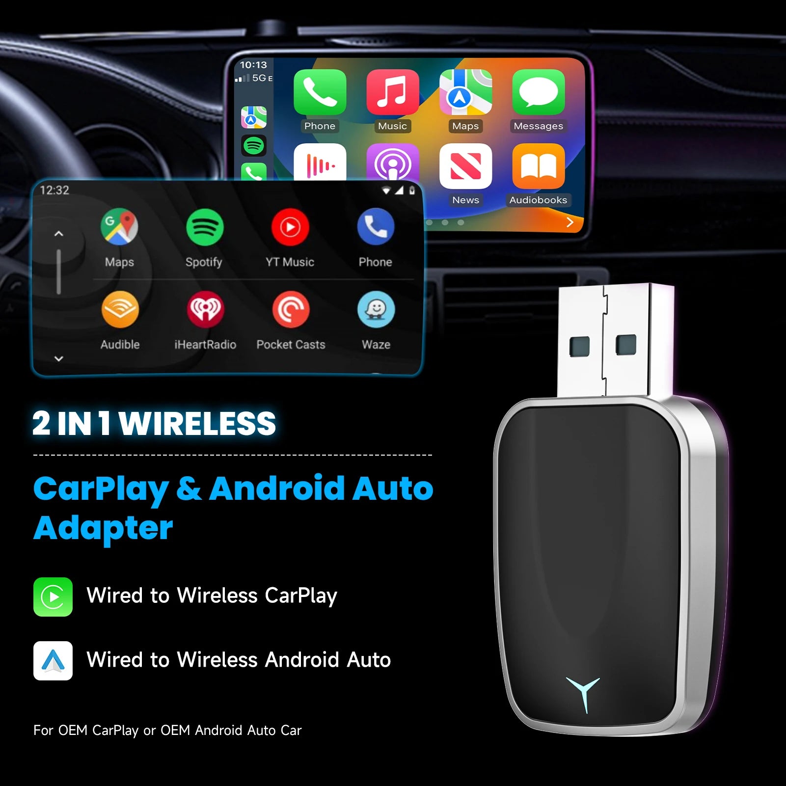 2-in-1 Wired to Wireless CarPlay Adapter & Android Auto Wireless
