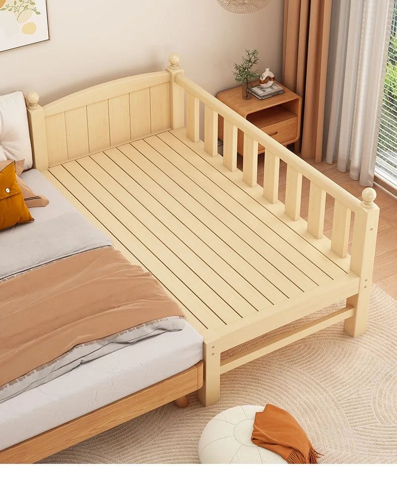 Adjustable Height Children's Splicing Bed Wider Solid Wood Frame with