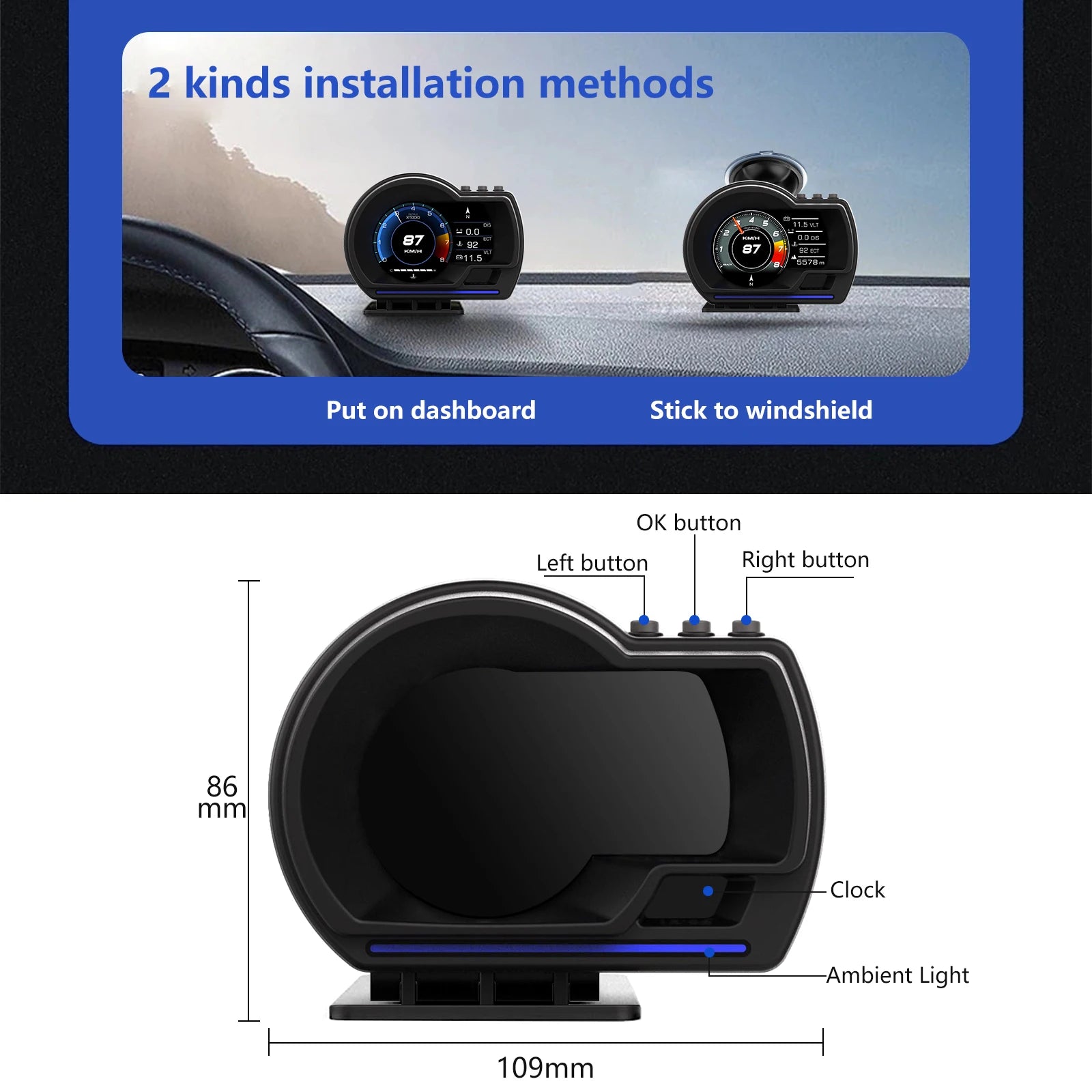 Car HUD Head-Up Display P6, OBD+GPS Smart Instrument Panel,