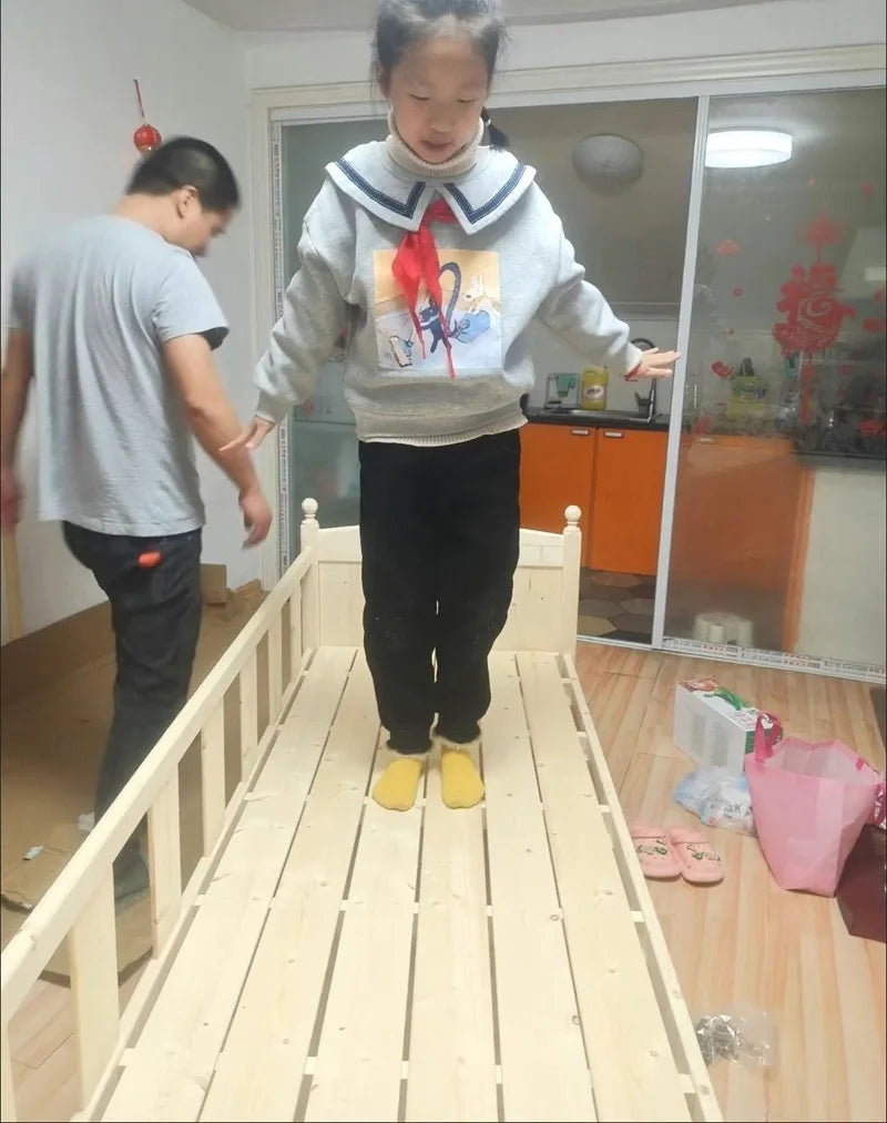 Adjustable Height Children's Splicing Bed Wider Solid Wood Frame with