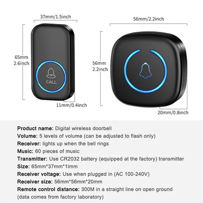 Wireless Doorbell Intelligent Welcome Door Bell 300M/984 FT Remote 60