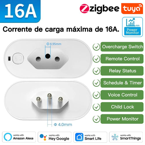 TNCE Tuya Brazil Plug 16/20A adapter, WIFI or zigbee3.0 socket with