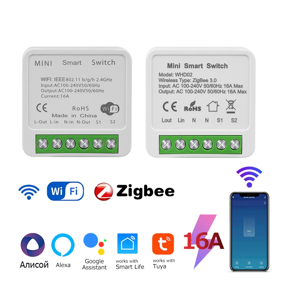 Tuya ZigBee WiFi Smart Switch 2 Way Control Breaker Relay 220V 110V