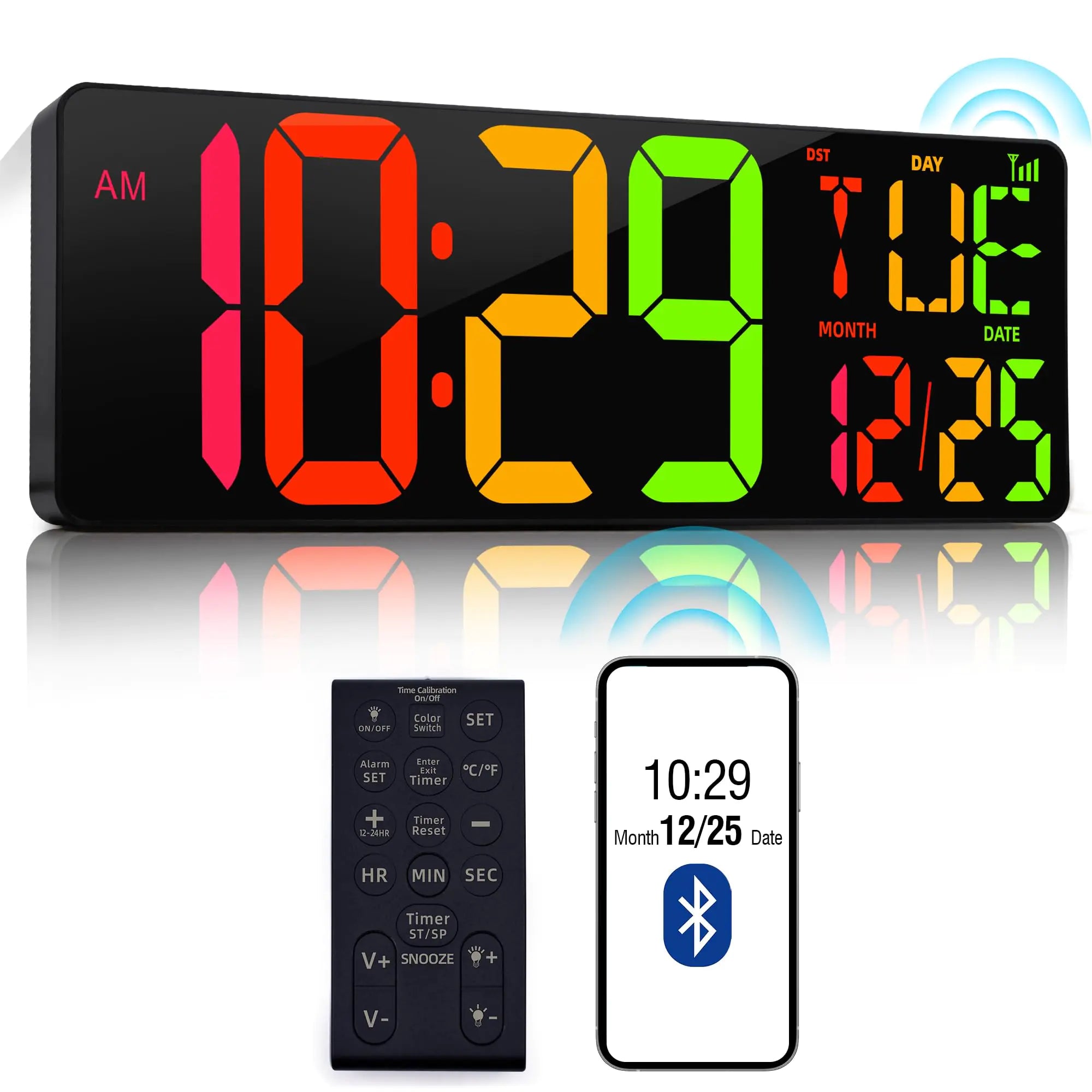 Large Digital Wall Clock Bluetooth Auto Time Sync Led