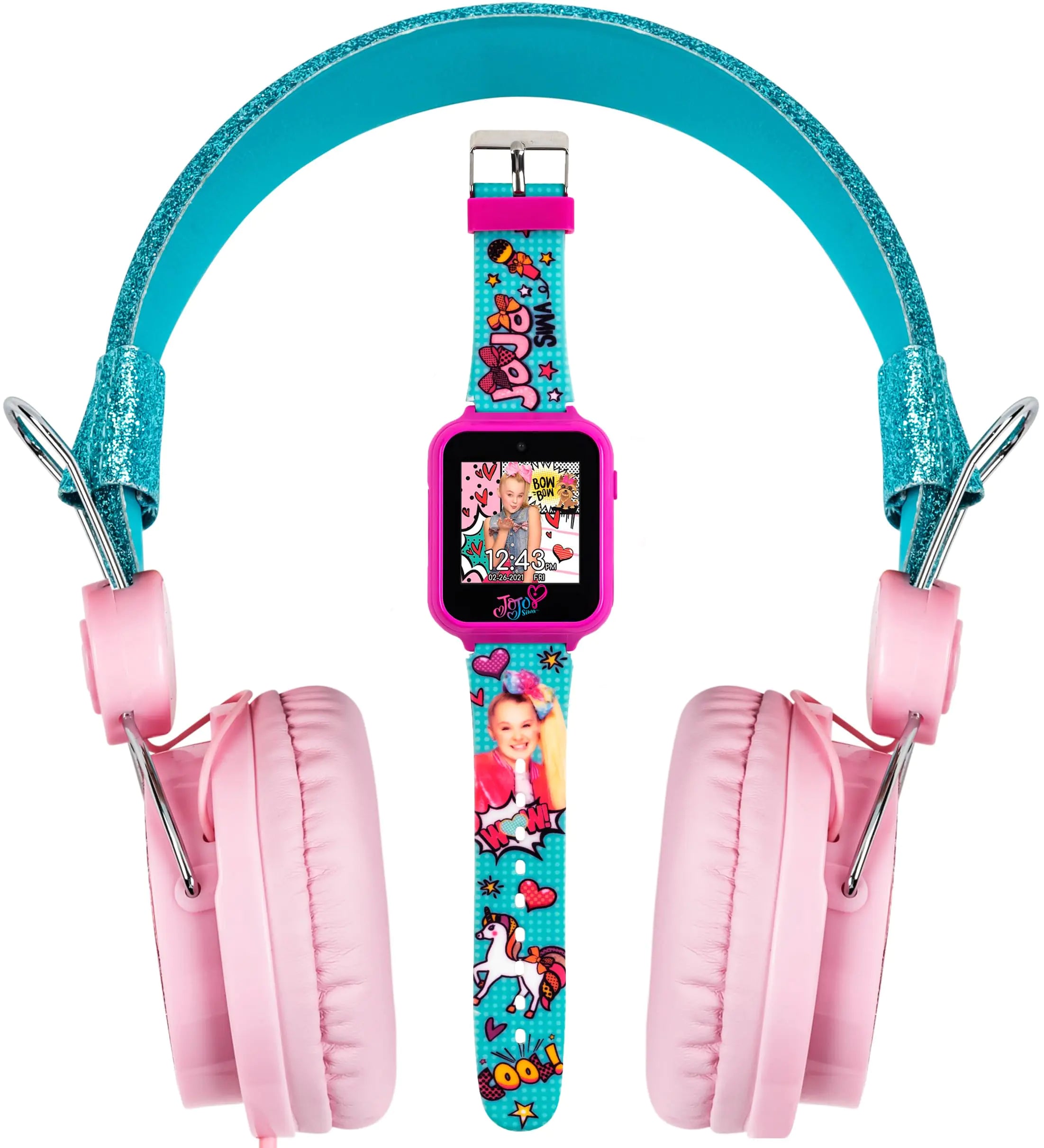 Accutime JoJo Siwa Headphone and Smart Watch Combo - Interactive Learning Watch with Games Pink & Blue Adjustable Headphones 10 Custom Faces Gift Set for Girls