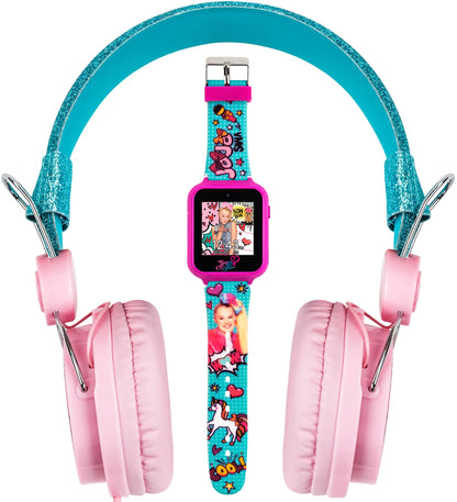 Accutime JoJo Siwa Headphone and Smart Watch Combo - Interactive Learning Watch with Games Pink & Blue Adjustable Headphones 10 Custom Faces Gift Set for Girls